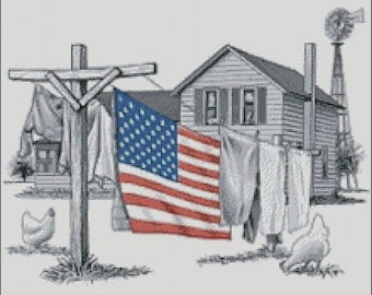 American flag patriotic clothesline  country farmhouse counted cross stitch pattern