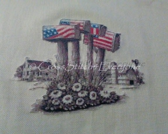 American flag patriotic mailbox country farmhouse counted cross stitch pattern