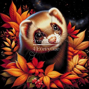 May include: A digital illustration of a ferret surrounded by autumn leaves in shades of orange, red, and yellow. The ferret has brown fur and large, dark eyes. The text "Cross Stitch 4 Everyone" is written in white cursive.