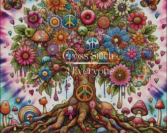 A colorful peace and love hippie tree counted cross stitch pattern digital pdf