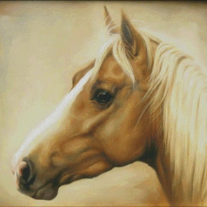 May include: A close-up portrait of a light brown horse with a white blaze on its face. The horse has a long, flowing mane and tail. The background is a soft, muted beige.
