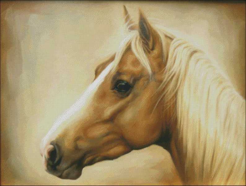 May include: A close-up portrait of a light brown horse with a white blaze on its face. The horse has a long, flowing mane and tail. The background is a soft, muted beige.