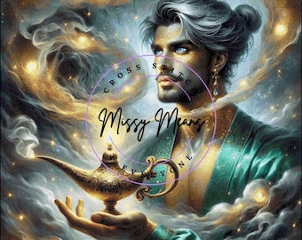 A male Genie in green with magic lamp Cross Stitch Pattern:  (Digital PDF)