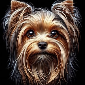 May include: A detailed portrait of a Yorkshire Terrier dog with a black background. The dog has long, flowing fur in shades of brown, gold, and white. Its eyes are dark brown, and its nose is black. The image is a close-up, highlighting the dog's expressive face.