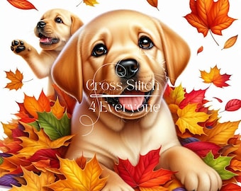YELLOW LABRADORE puppies in autumn leaves Cross Stitch Pattern:  (Digital PDF)