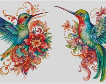 Hummingbirds with floral accents counted cross stitch pattern digital pdf download