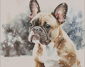 Fawn french bulldog frenchie  winter scene counted cross stitch pattern digital pdf