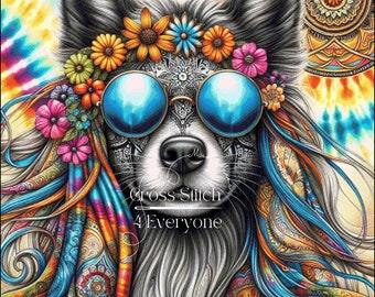 A groovy hippie dog counted cross stitch pattern digital pdf