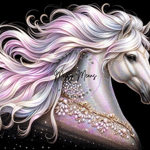 May include: A white horse with a long, flowing mane and tail. The horse has a pearl and gold necklace and a sparkling, iridescent coat. The background is black.