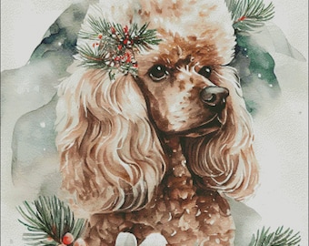 Poodle dog couple christmas winter scene counted cross stitch pattern digital pdf