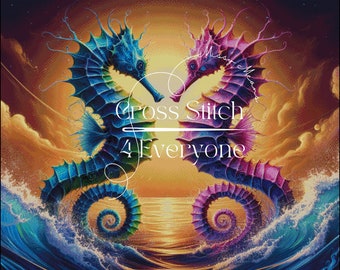 A pair of neon colored seahorses colorful background counted cross stitch pattern digital pdf