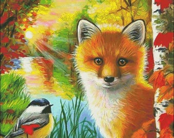 Red Fox chickadee bird autumn counted cross stitch pattern PDF download