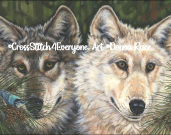 Wolves with a nuthatch bird counted cross stitch pattern digital pdf