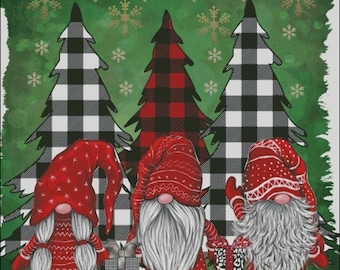 Gnomes and buffalo plaid christmas trees counted cross stitch pattern PDF