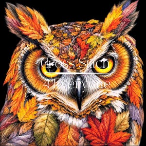 Könnte beinhalten: Eine detaillierte Illustration einer Eule mit leuchtend gelben Augen, deren Gefieder aus herbstlichen Blättern in Orange-, Rot-, Gelb- und Brauntönen vor schwarzem Hintergrund besteht. Der Text Cross Stitch 4 Everyone ist überlagert.