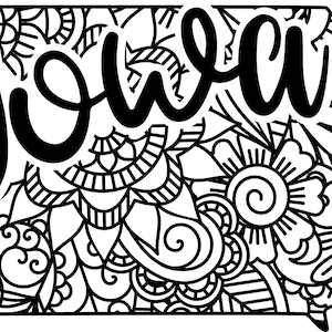 May include: Black and white line art design of the state of Iowa with the word "Iowa" written in a stylized font.