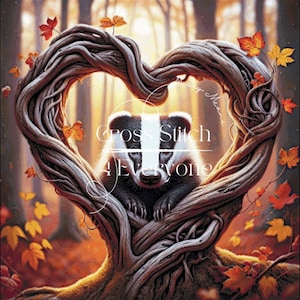 May include: Digital artwork of a badger framed by a heart-shaped tree branch. The badger has black and white fur. The image includes the text "Cross Stitch 4 Everyone" and autumn leaves.