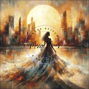 Puede incluir: Pintura abstracta de una mujer con un vestido fluido, silueteada contra un paisaje urbano y un gran sol. La obra utiliza tonos cálidos de naranja, amarillo y marrón, con el texto "Cross Stitch Missy Means 4 Everyone".