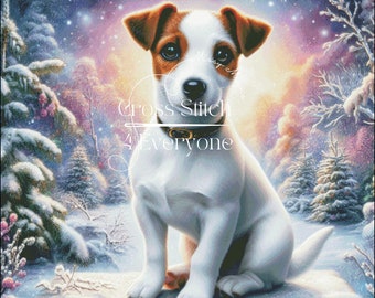 A darling jack russell terrier dog  christmas winter holiday counted cross stitch pattern digital pdf