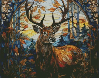 Whitetail buck deer stained glass autumn colors counted cross stitch pattern digital pdf