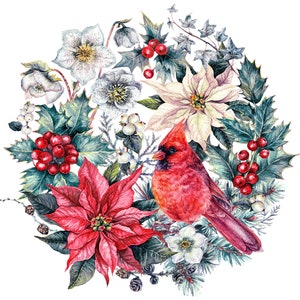 Christmas wreath with cardinal bird berries poinsettia holiday counted cross stitch pattern PDF