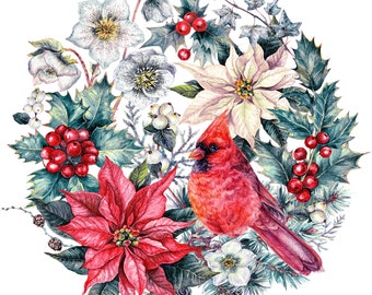 Christmas wreath with cardinal bird berries poinsettia holiday counted cross stitch pattern PDF