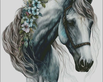 Andalusian horse with flowers counted cross stitch pattern digital pdf download