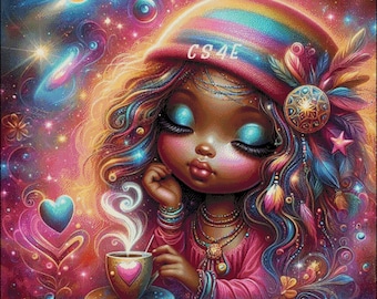 Cosmic Coffee Break Cross Stitch Pattern: Whimsical Girl (Digital PDF)
