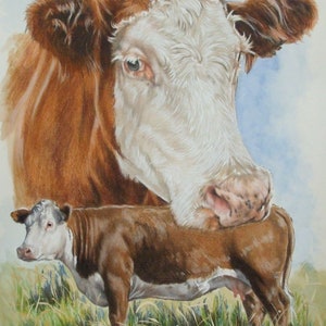 May include: A brown and white cow with a white face and a brown calf standing in a field of green grass.