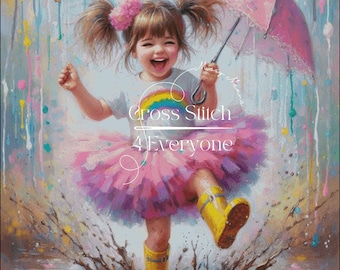 A girl enjoying the rain counted cross stitch pattern digital pdf