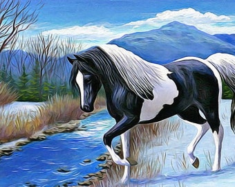 Black and white paint horse pinto horse winter snow counted cross stitch pattern PDF