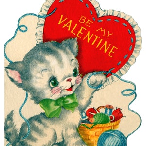 Valentines day kitten with heart vintag art counted cross stitch pattern