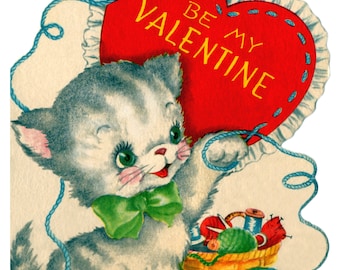 Valentines day kitten with heart vintag art counted cross stitch pattern