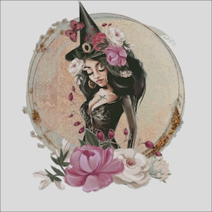 May include: A witch with long black hair wearing a black hat with a floral design and a black dress with a floral pattern. The witch is surrounded by pink and white flowers and a gold circle with a glitter effect.
