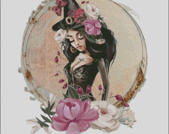 Floral Witch Cross Stitch Pattern: Halloween Decor (Digital PDF)