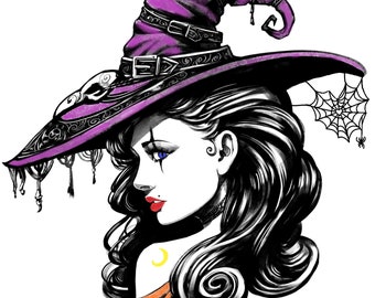 Witch with Hat Cross Stitch Pattern: Halloween Spider Web (PDF)
