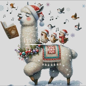 Whimsical llama with birds singing christmas carols counted cross stitch pattern digital pdf