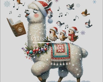 Whimsical llama with birds singing christmas carols counted cross stitch pattern digital pdf