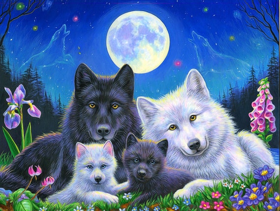 Wolf Family and Full Moon Wildlife Counted Cross Stitch