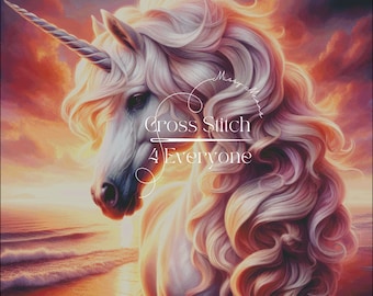 A pretty unicorn at sunset on a beach fantasy counted cross stitch pattern digital pdf