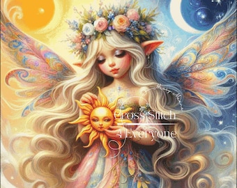 A darling faerie girl with sun and moon fantasy counted cross stitch pattern digital pdf