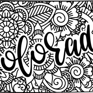 May include: Black and white illustration of the word "Colorado" with a floral design background.