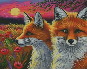Pair of red foxes in poppy field counted cross stitch pattern PDF