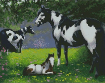 Overo paint horse mare foal stallion family horses counted cross stitch pattern PDF