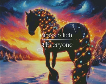 A black horse with christmas lights festive holiday counted cross stitch pattern digital pdf