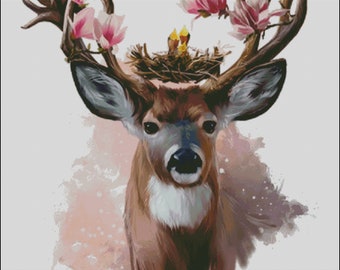 Whitetail Buck deer with birds flowers nest counted cross stitch pattern