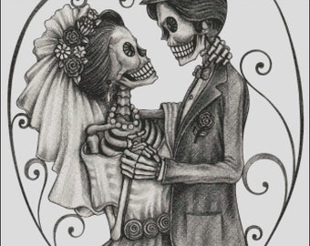 Skeleton bride groom sugar skull counted cross stitch pattern PDF download