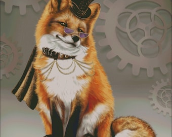 Steampunk red fox  counted cross stitch pattern digital delivery pdf