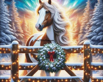 A gorgeous gypsy vanner horse in winter with christmas lights holiday counted cross stitch pattern digital pdf