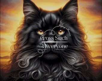A black Maine Coon cat  and a dreamy sunset counted cross stitch pattern digital pdf
